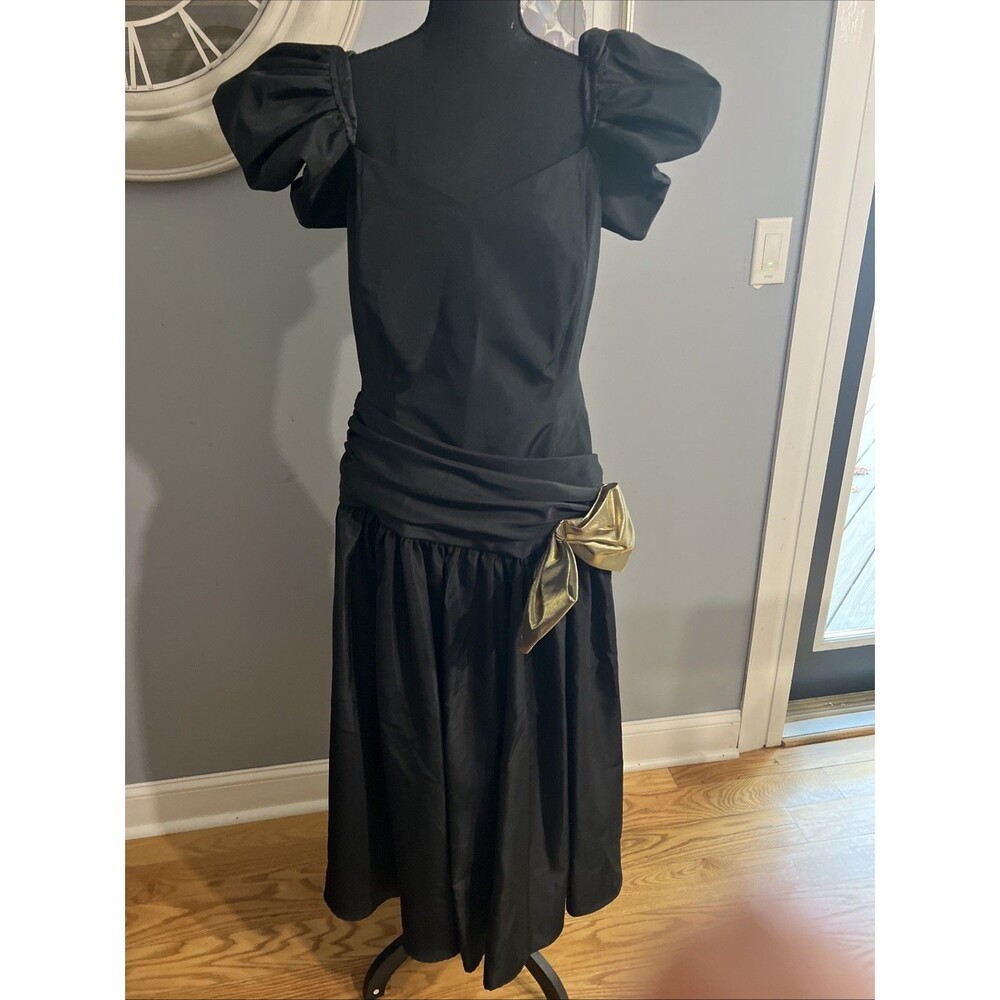 Vintage Black Prom Dress Puff Sleeves 13/14 First Focus 1980's